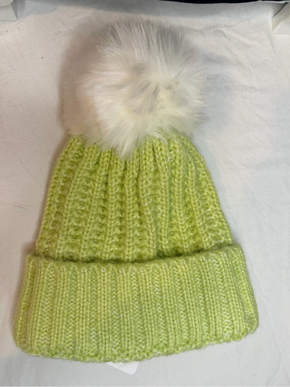 Free People Green Knit Beanie with White Faux-Fur Pom